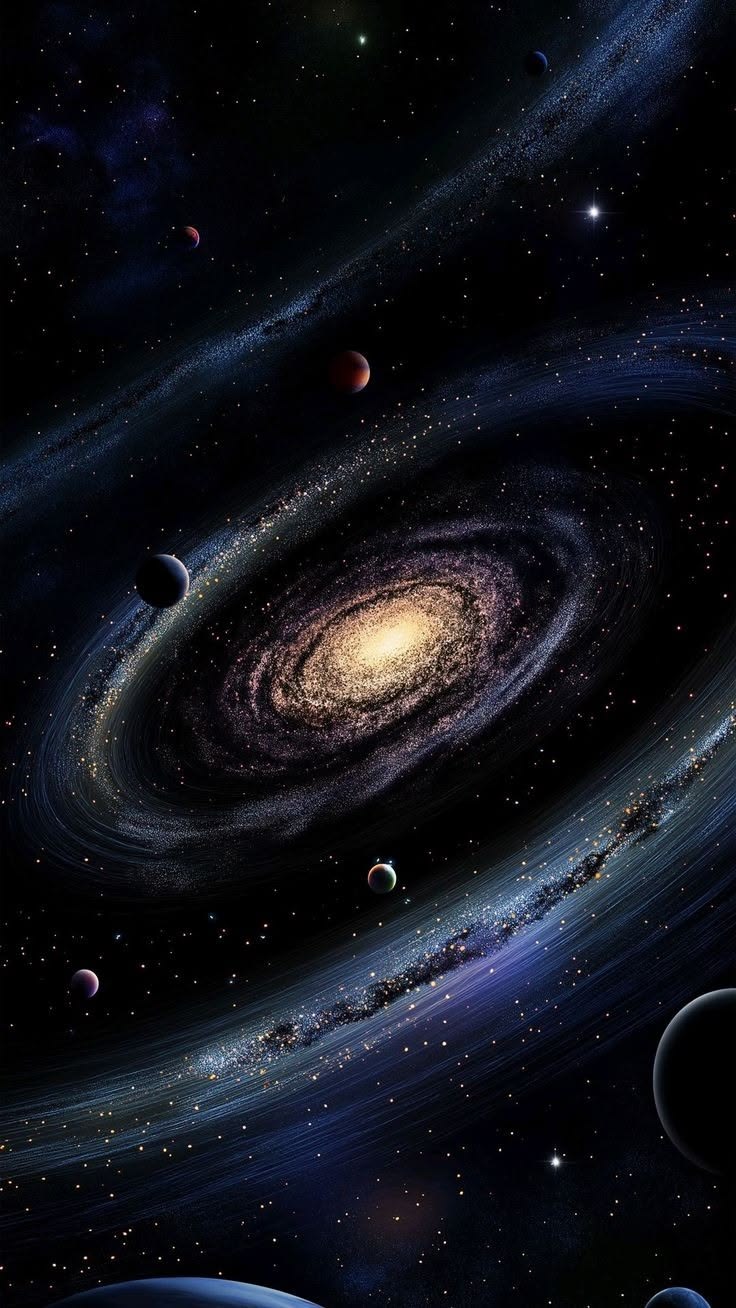 Galaxia espiral con planetas y estrellas